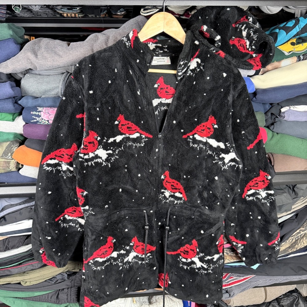 Black Mountain Outdoor Cardinal AOP‎ Fleece Jacket w Beanie Small Black Red USA